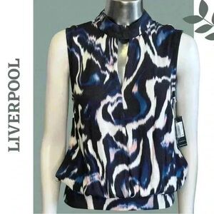 Liverpool Women's Blue Black and White Ink Blot Patterned Sleeveless Top Small